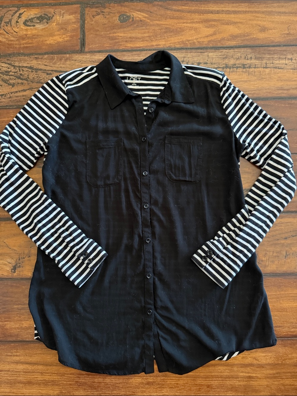 LOFT Black Button-Down Shirt with Black and White Striped Sleeves and Back